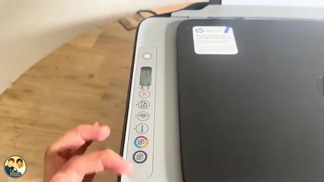 Source video frame showing the DeskJet control panel with red Cancel X, Resume, Wi-Fi, Information and two Copy buttons.