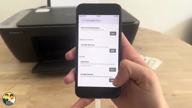 HP app Print Quality Tools screen with Cartridge Alignment, Clean Smear and Cartridge Cleaning controls.