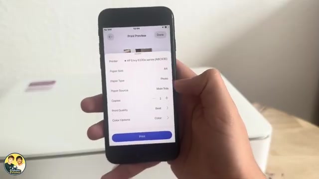 HP app print preview showing paper size, photo paper, main tray, Best quality and Colour.